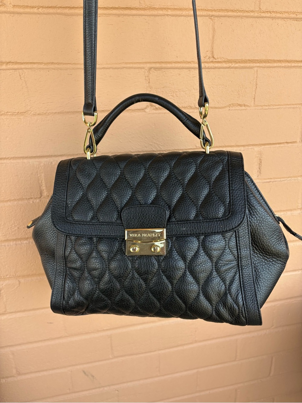 Vera Bradley Black Quilted Leather Satchel with Top Handle and Crossbody Strap